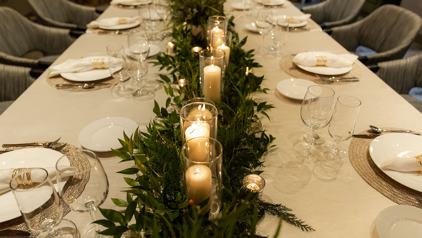 Winter Chalet holiday table runner with greenery and candles