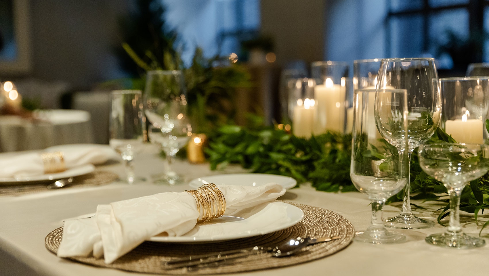 Winter Chalet table setting close-up with cloth napkin