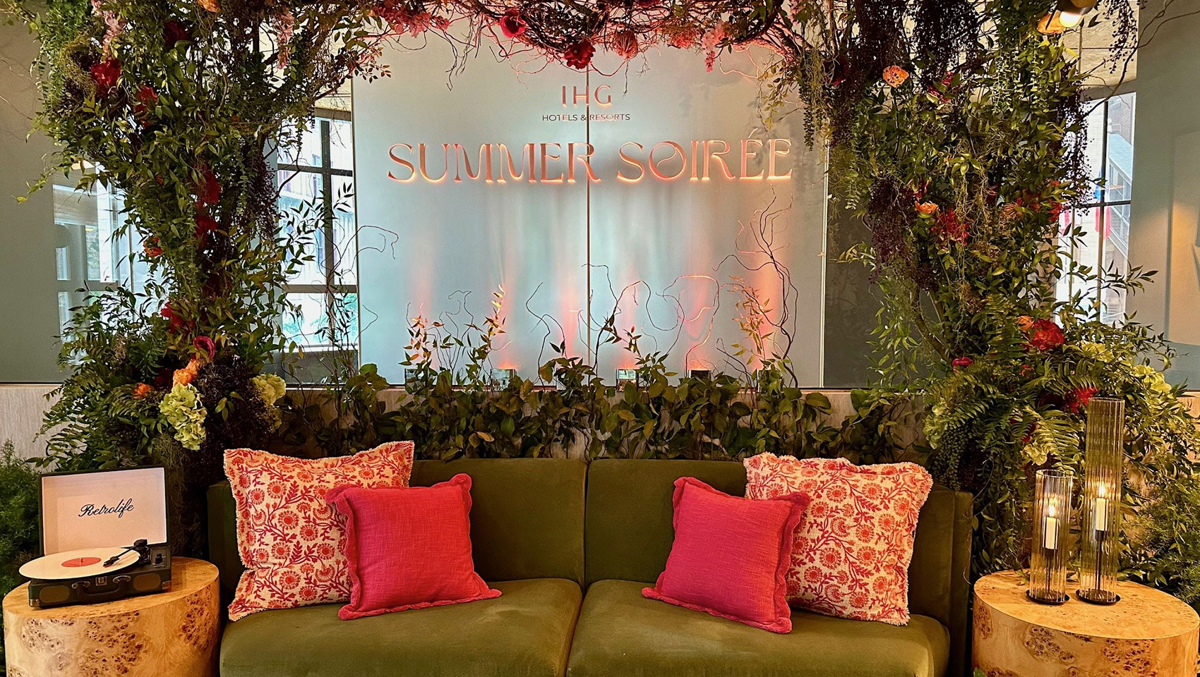 Summer Soiree signage + sofa and record player