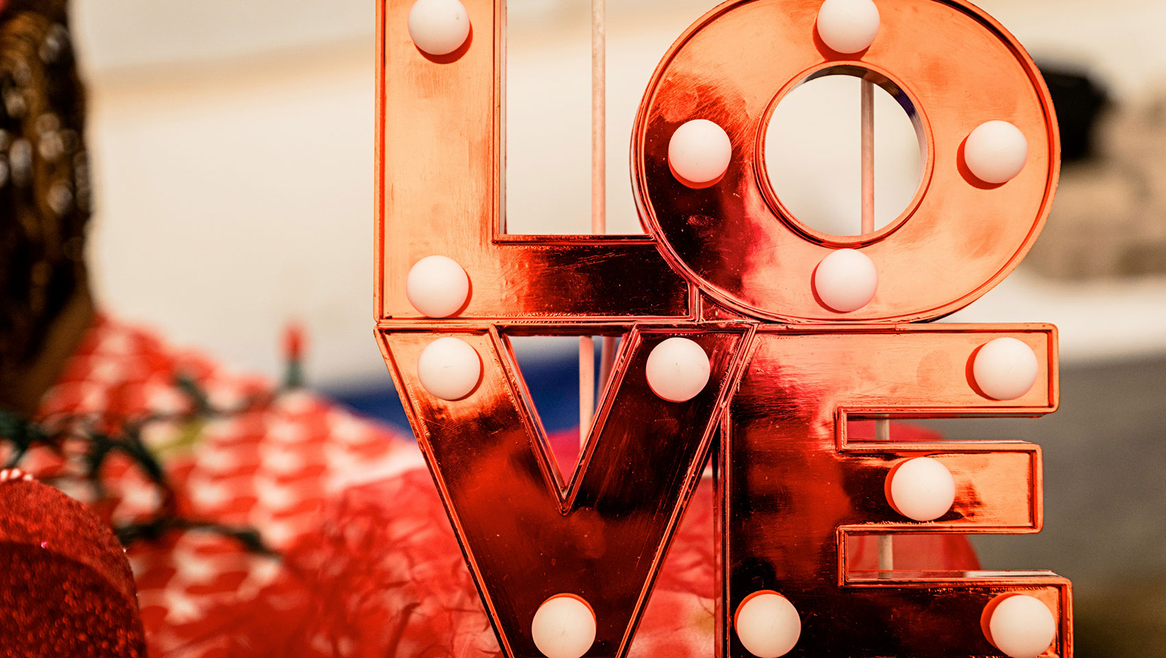 Decorative lights that spell LOVE